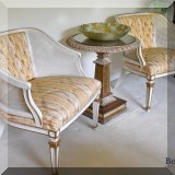 F18. Pair of painted caned chairs with striped damask upholstery. 30”h x 26”w x 28”d